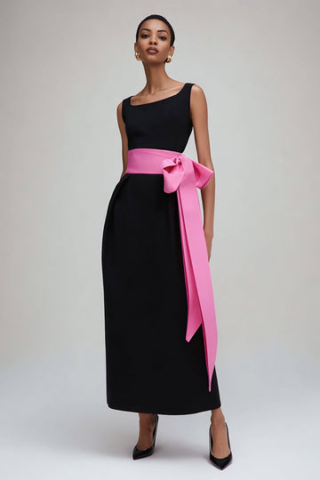 Black and Pink Sheath Formal Dress With Bow Sash